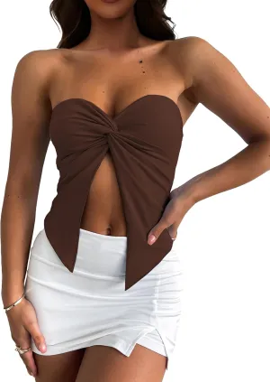 MISSACTIVER Womens Y2K Sexy Twist Front Tube Top Strapless Sleeveless Solid Cut-Out Midriff Crop Tops Tank Top