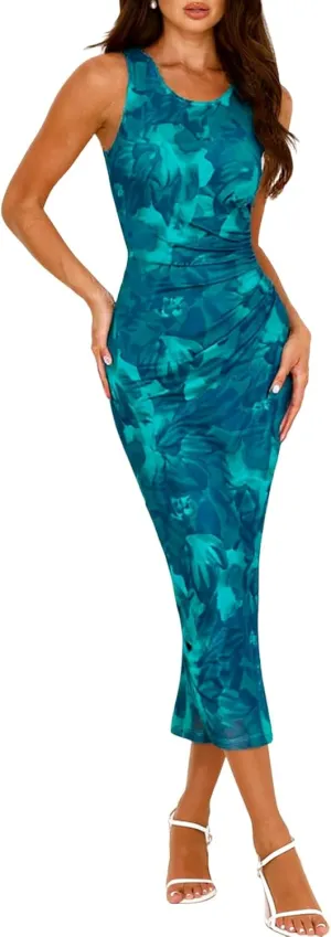 oten Women's Sleeveless Mesh Floral Summer 2025 Ruched Bodycon Slit Wedding Guest Cocktail Party Midi Dress