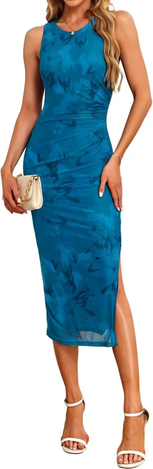 oten Women's Sleeveless Mesh Floral Summer 2025 Ruched Bodycon Slit Wedding Guest Cocktail Party Midi Dress