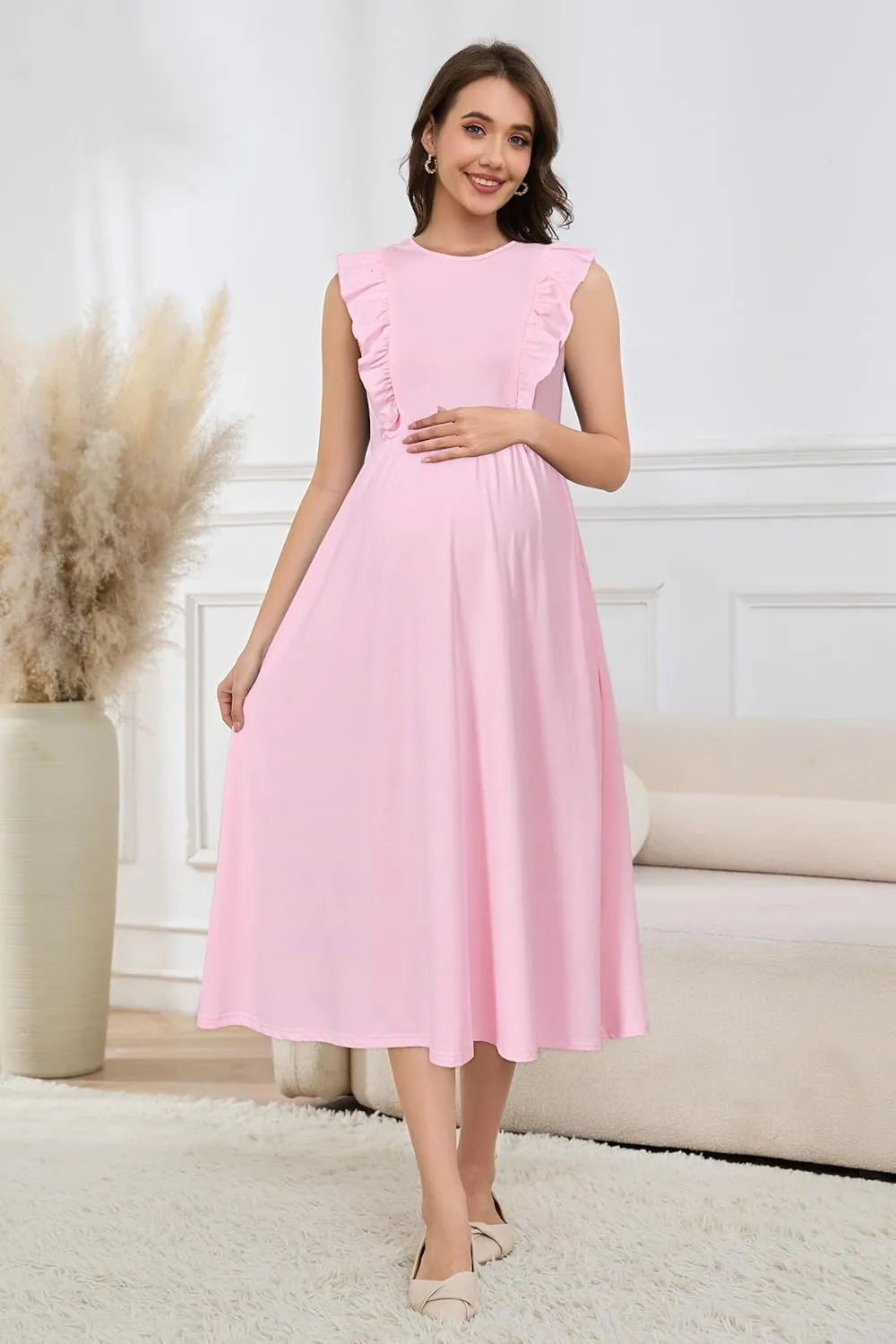 OUGES Womens 2025 Spring Hidden Zipper Nurisng Dress for Breastfeeding Casual Sleeveless Ruffled Midi Maternity Dress