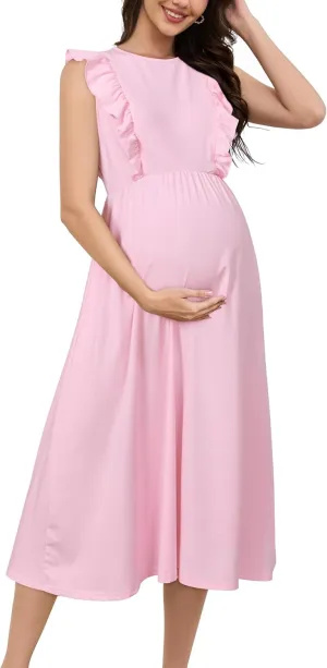 OUGES Womens 2025 Spring Hidden Zipper Nurisng Dress for Breastfeeding Casual Sleeveless Ruffled Midi Maternity Dress
