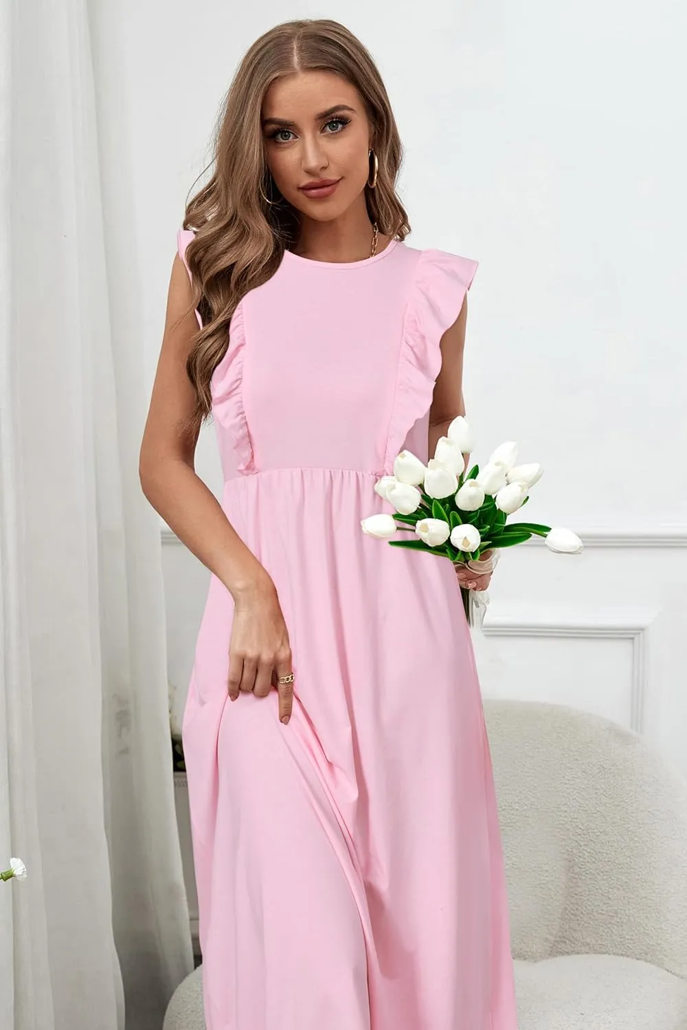 OUGES Womens 2025 Spring Hidden Zipper Nurisng Dress for Breastfeeding Casual Sleeveless Ruffled Midi Maternity Dress