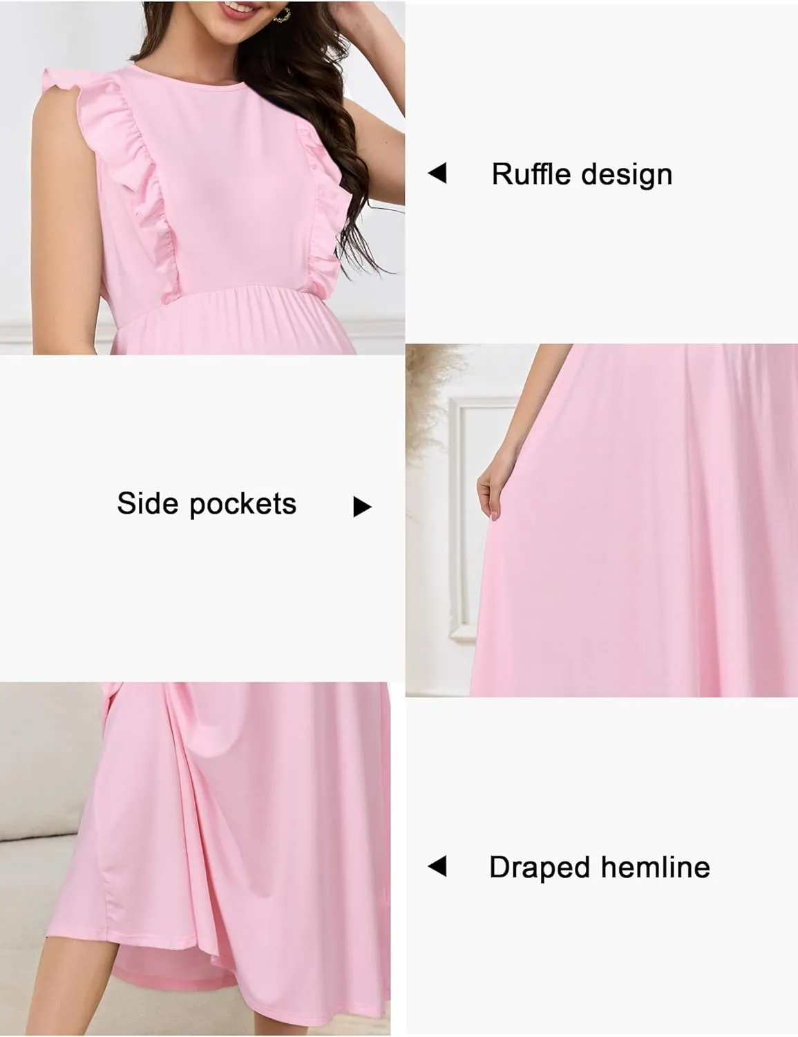 OUGES Womens 2025 Spring Hidden Zipper Nurisng Dress for Breastfeeding Casual Sleeveless Ruffled Midi Maternity Dress