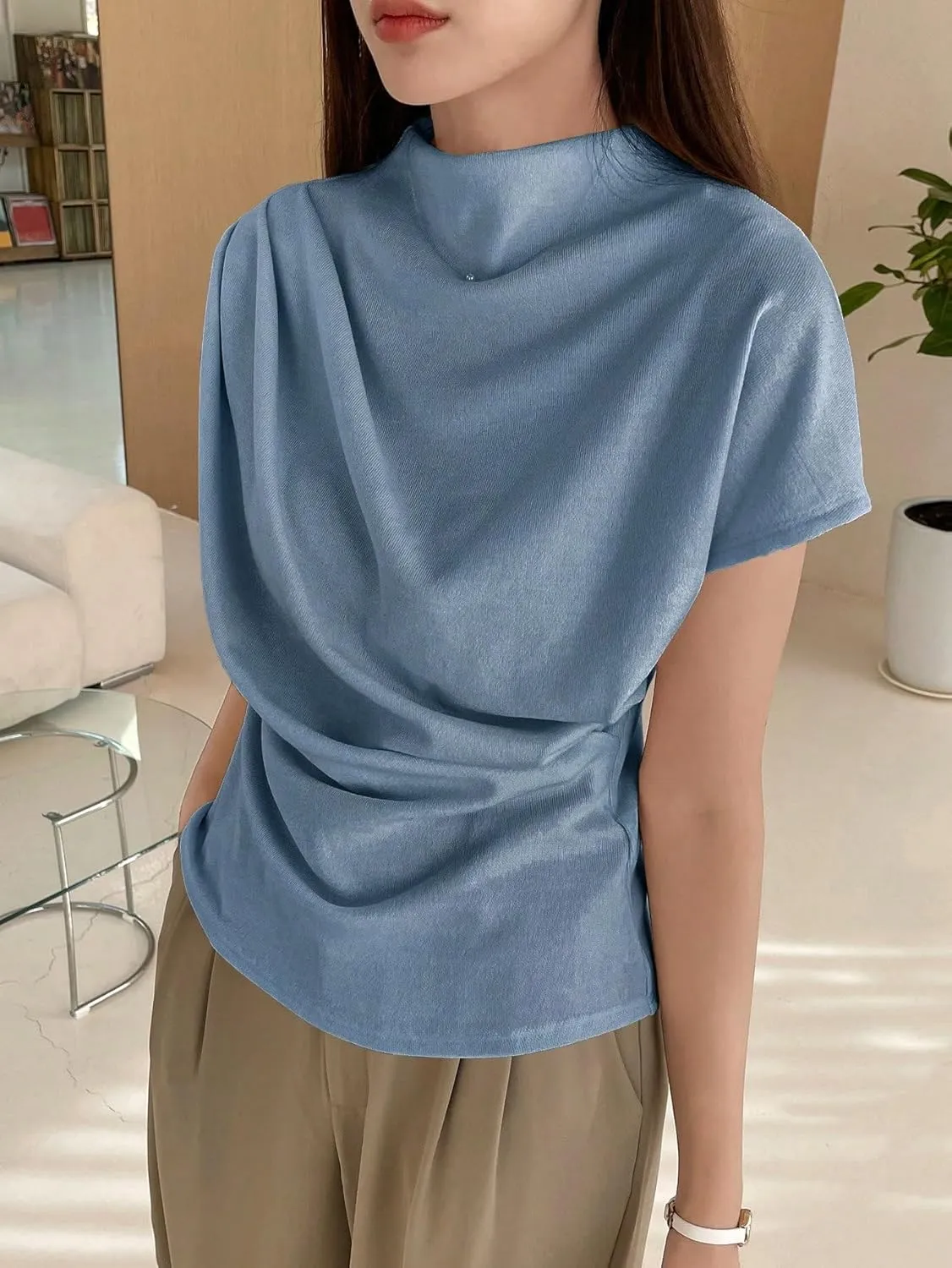 OYOANGLE Women's Ruched Draped Front Mock Neck Short Sleeve Solid Tee Shirt Top