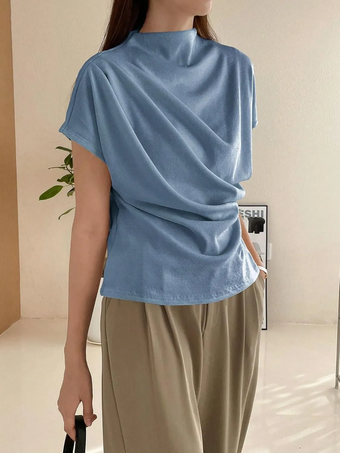 OYOANGLE Women's Ruched Draped Front Mock Neck Short Sleeve Solid Tee Shirt Top