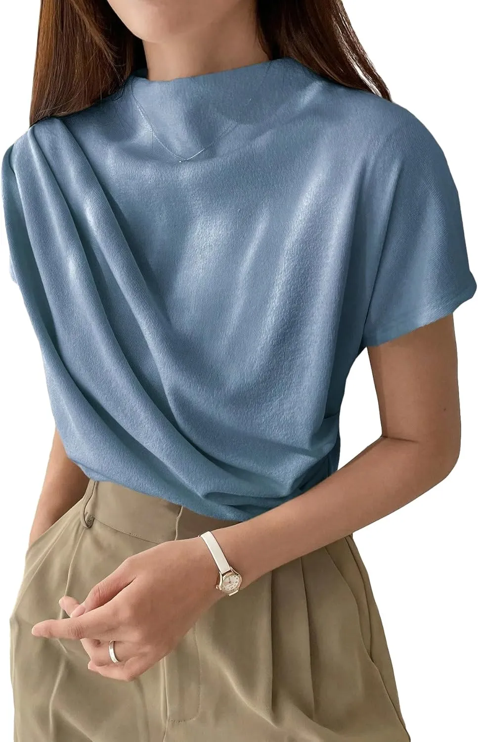 OYOANGLE Women's Ruched Draped Front Mock Neck Short Sleeve Solid Tee Shirt Top