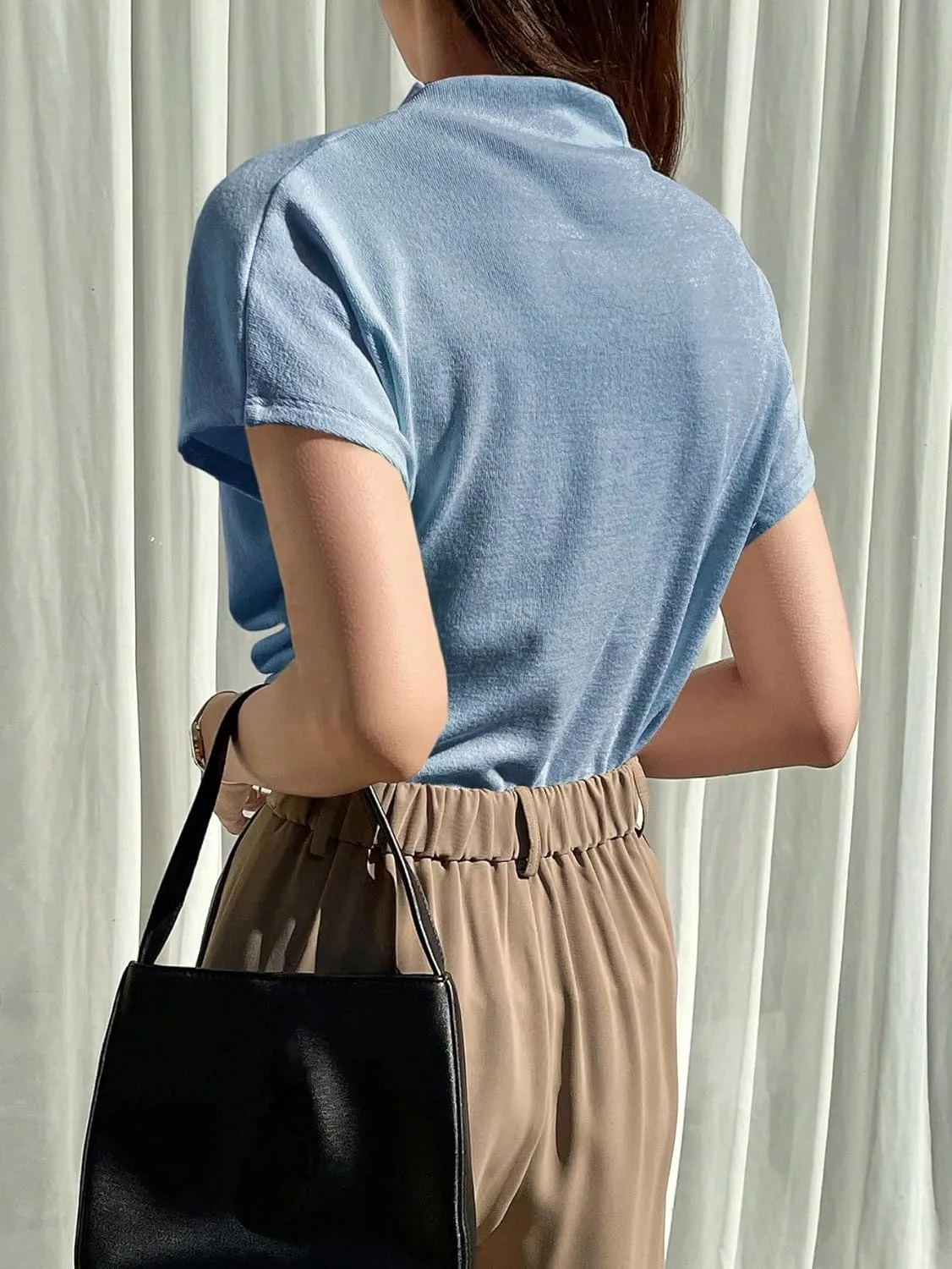 OYOANGLE Women's Ruched Draped Front Mock Neck Short Sleeve Solid Tee Shirt Top