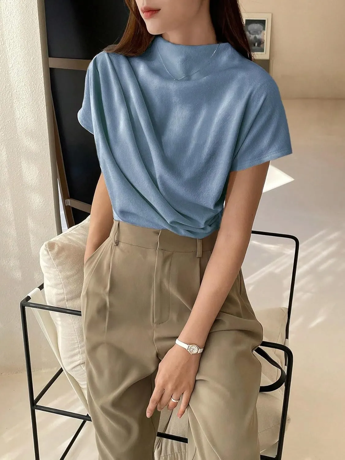 OYOANGLE Women's Ruched Draped Front Mock Neck Short Sleeve Solid Tee Shirt Top