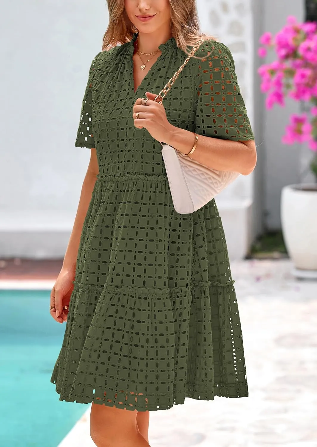 PRETTYGARDEN Summer Dresses for Women 2025 V Neck Hollow Out Eyelet Ruffle A Line Swing Short Beach Vacation Dress