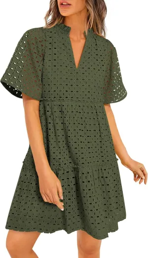 PRETTYGARDEN Summer Dresses for Women 2025 V Neck Hollow Out Eyelet Ruffle A Line Swing Short Beach Vacation Dress