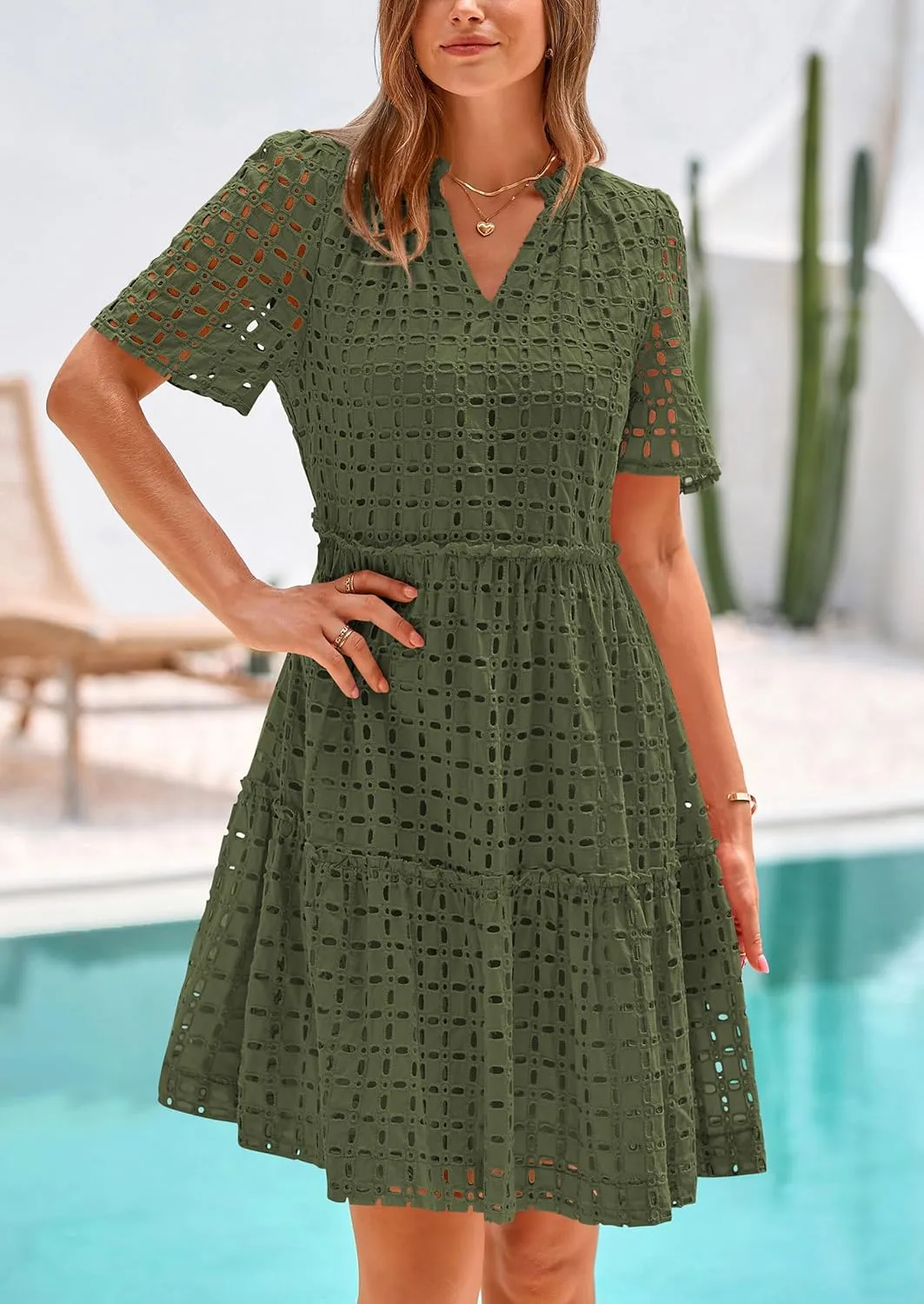 PRETTYGARDEN Summer Dresses for Women 2025 V Neck Hollow Out Eyelet Ruffle A Line Swing Short Beach Vacation Dress