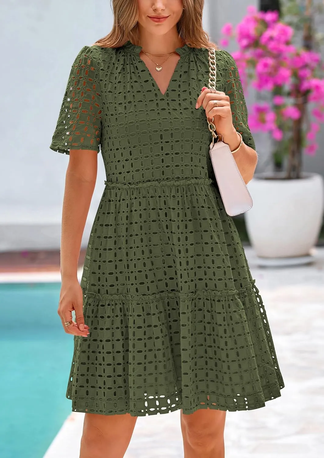 PRETTYGARDEN Summer Dresses for Women 2025 V Neck Hollow Out Eyelet Ruffle A Line Swing Short Beach Vacation Dress