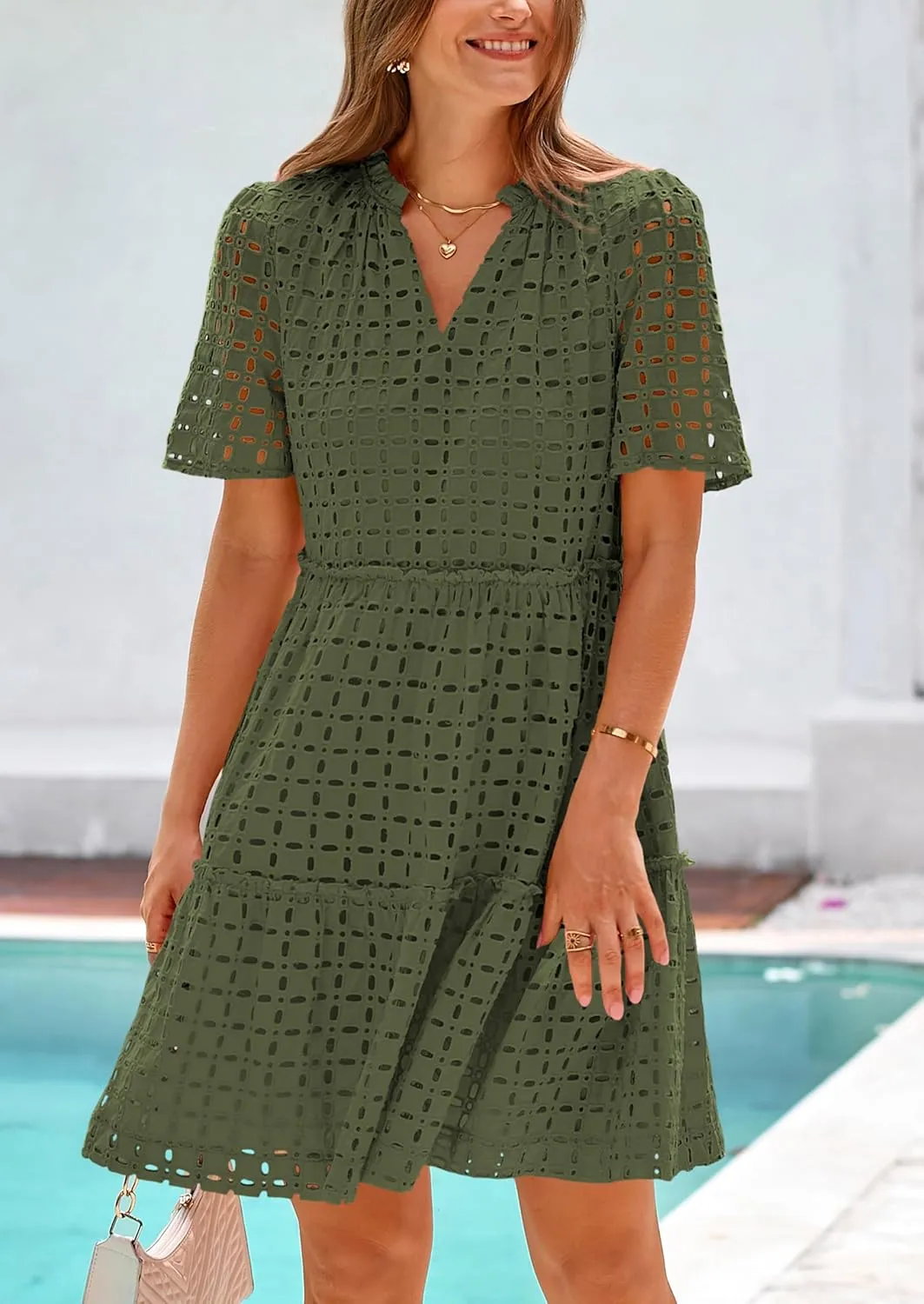 PRETTYGARDEN Summer Dresses for Women 2025 V Neck Hollow Out Eyelet Ruffle A Line Swing Short Beach Vacation Dress
