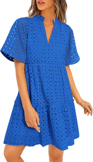 PRETTYGARDEN Summer Dresses for Women 2025 V Neck Hollow Out Eyelet Ruffle A Line Swing Short Beach Vacation Dress