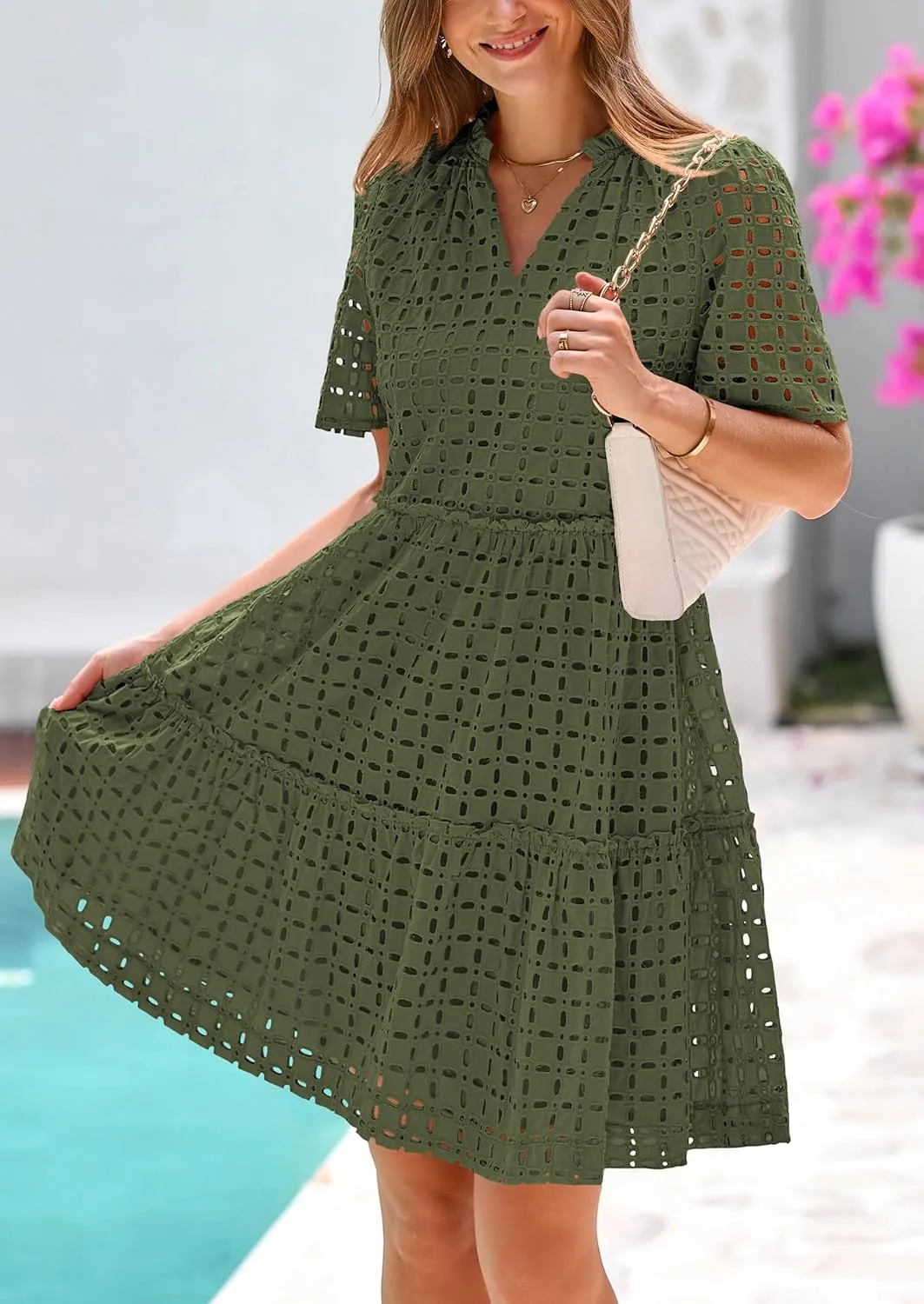 PRETTYGARDEN Summer Dresses for Women 2025 V Neck Hollow Out Eyelet Ruffle A Line Swing Short Beach Vacation Dress