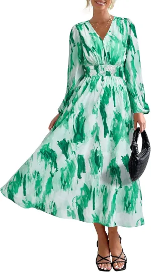 PRETTYGARDEN Women's Spring Floral Midi Dress Fall Long Sleeve V Neck Flowy Casual Beach Vacation Wedding Guest Dresses