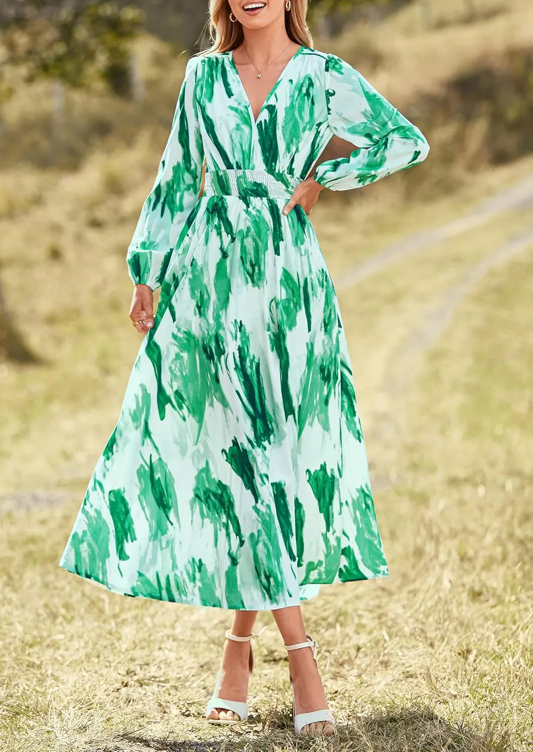 PRETTYGARDEN Women's Spring Floral Midi Dress Fall Long Sleeve V Neck Flowy Casual Beach Vacation Wedding Guest Dresses