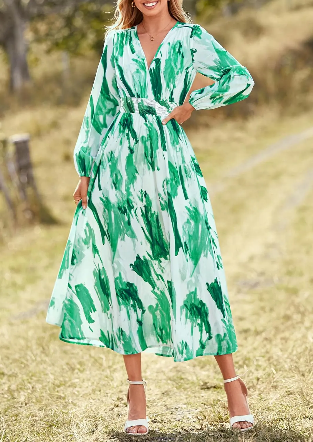 PRETTYGARDEN Women's Spring Floral Midi Dress Fall Long Sleeve V Neck Flowy Casual Beach Vacation Wedding Guest Dresses