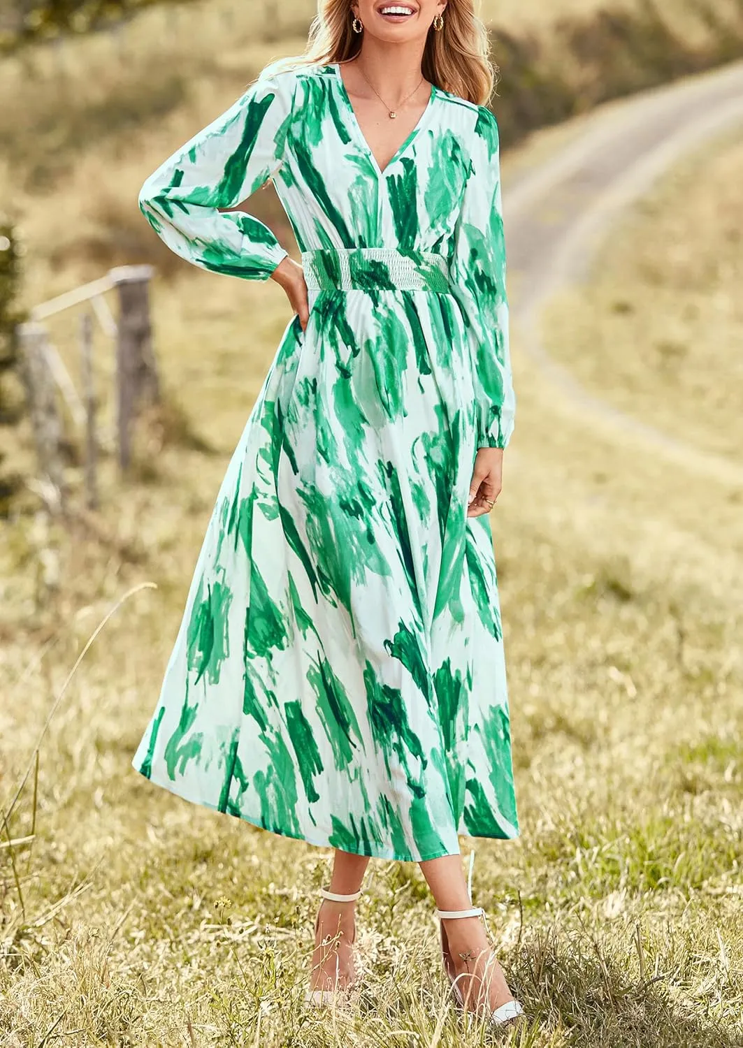 PRETTYGARDEN Women's Spring Floral Midi Dress Fall Long Sleeve V Neck Flowy Casual Beach Vacation Wedding Guest Dresses