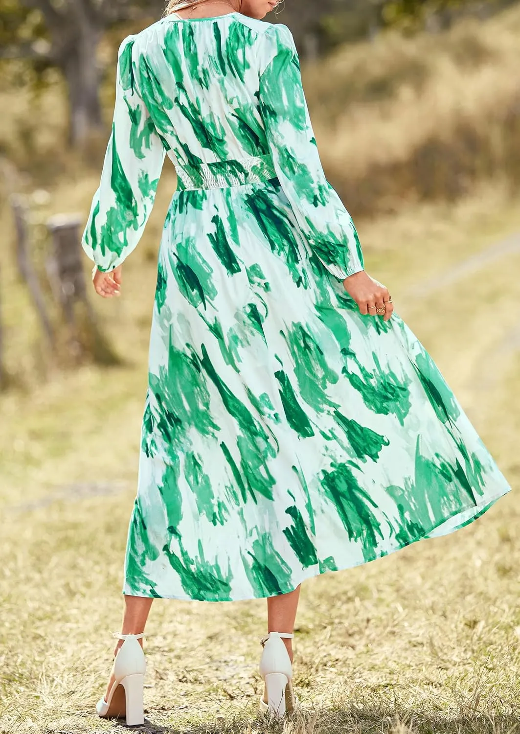 PRETTYGARDEN Women's Spring Floral Midi Dress Fall Long Sleeve V Neck Flowy Casual Beach Vacation Wedding Guest Dresses