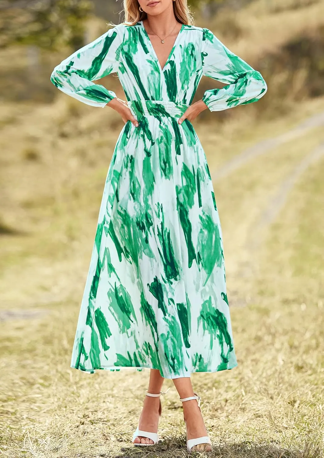 PRETTYGARDEN Women's Spring Floral Midi Dress Fall Long Sleeve V Neck Flowy Casual Beach Vacation Wedding Guest Dresses
