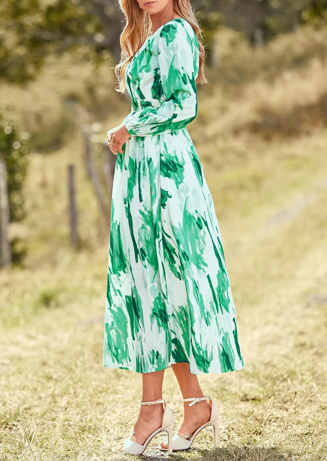 PRETTYGARDEN Women's Spring Floral Midi Dress Fall Long Sleeve V Neck Flowy Casual Beach Vacation Wedding Guest Dresses