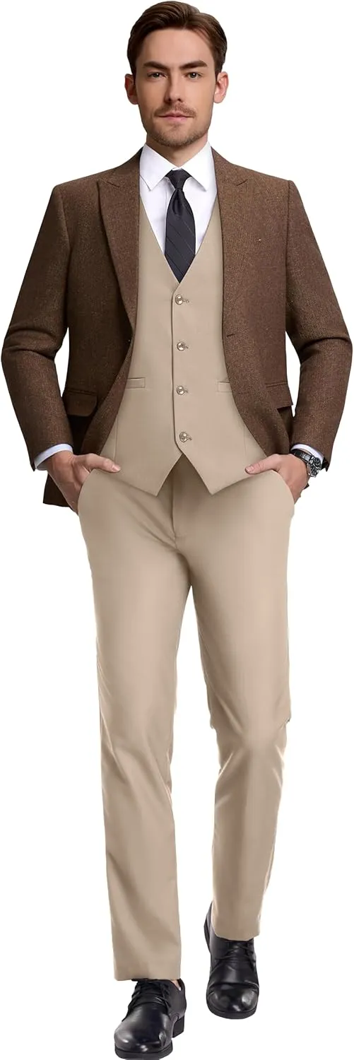 Retro 3 Piece Suit Tweed Herringbone Suit Jacket 2 Button Slim Fit Groom Men Formal Suit Vest Dress Pants Prom Tuxedo