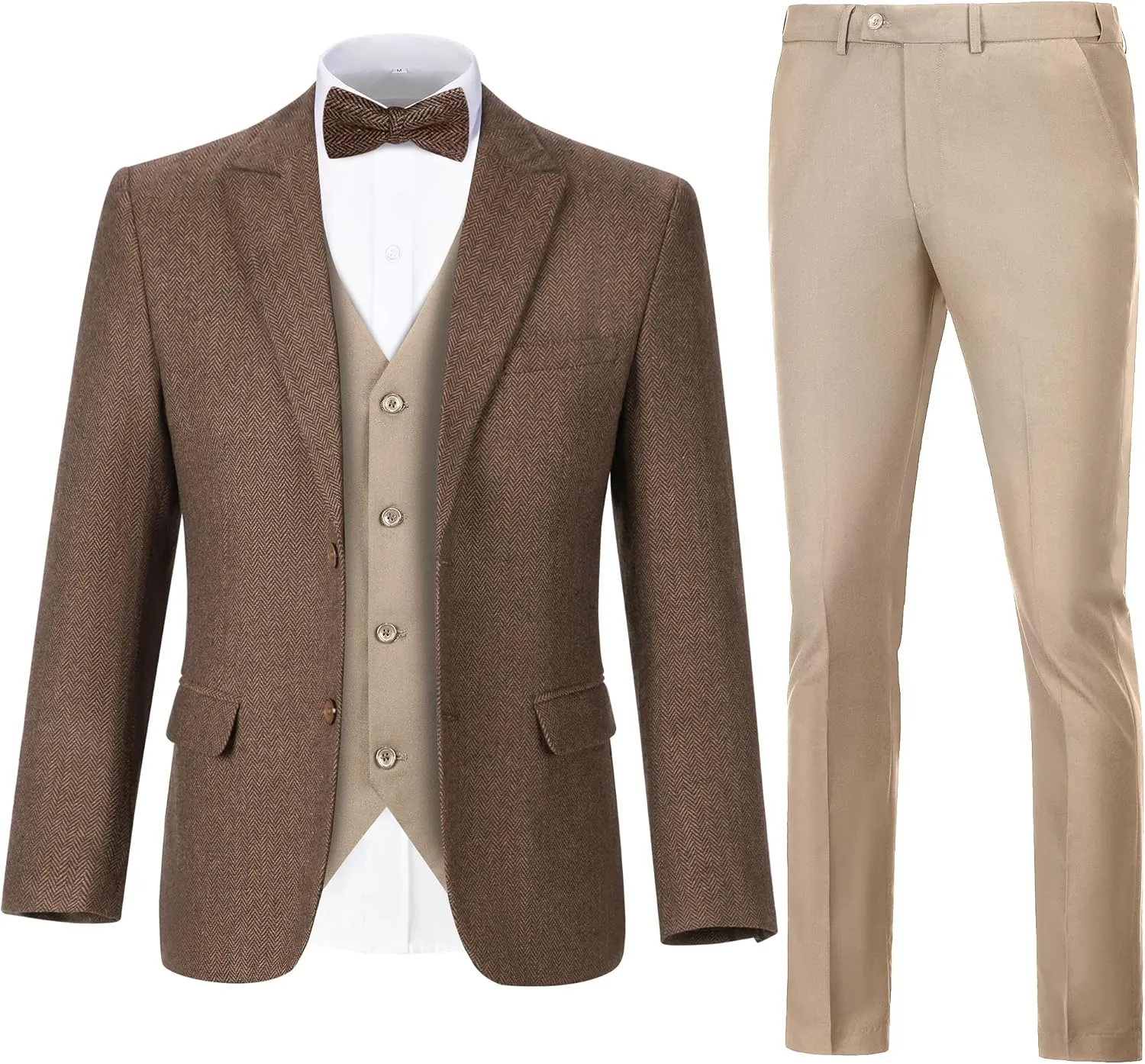 Retro 3 Piece Suit Tweed Herringbone Suit Jacket 2 Button Slim Fit Groom Men Formal Suit Vest Dress Pants Prom Tuxedo