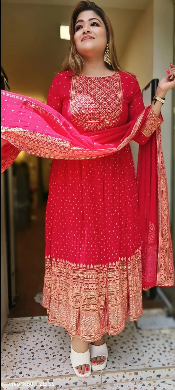 RFSS1508 - Georgette Gold print Anarkali embroidery full set with dupatta and pant(Set of 3)