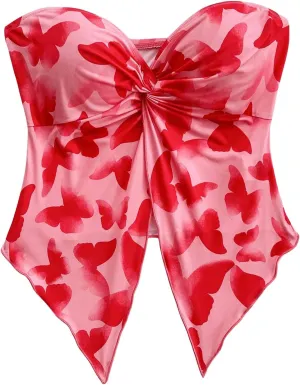 SHENHE Women's Floral Crop Tube Top Twist Front Strapless Split Asymmetrical Boho Flowy Bandeau