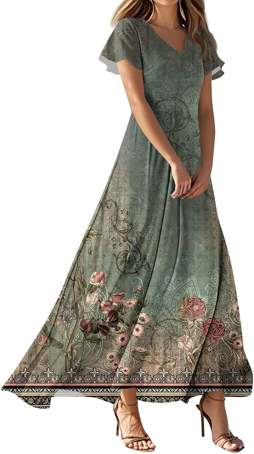 Summer Dresses for Women Floral A-Line Midi Dress Casual Short Sleeve V Neck Flowy Hawaiian Boho Beach Sundresses