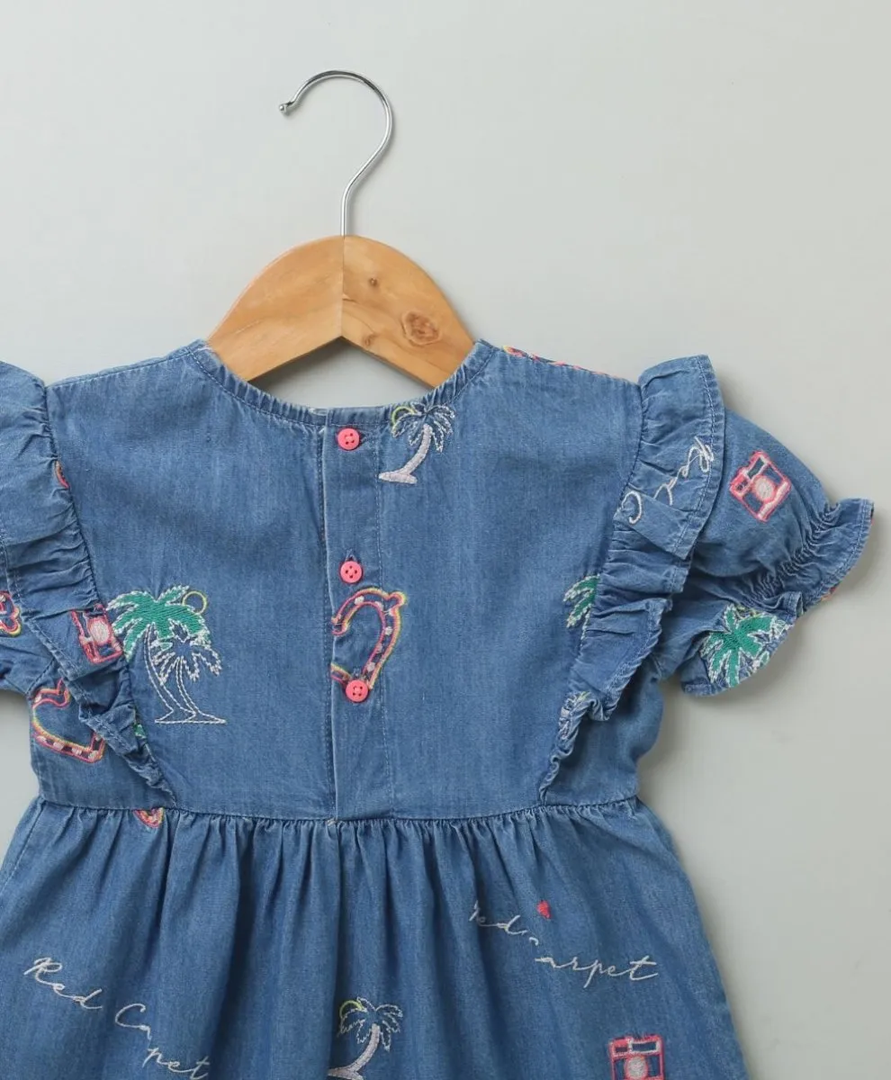 Sweetlime By AS Short Sleeves Denim Dress with Palm Tree and  Neon Heart Embroidery