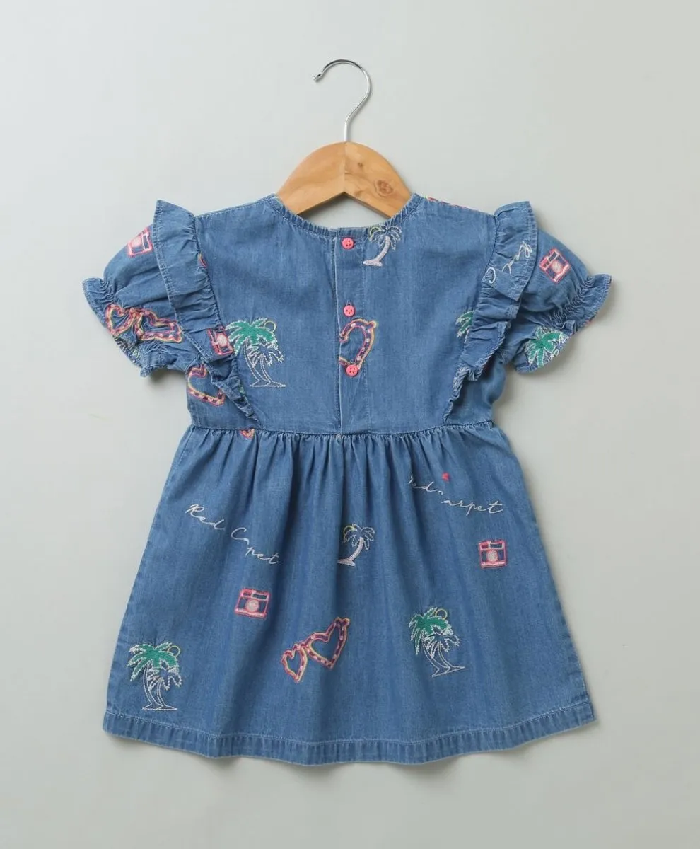 Sweetlime By AS Short Sleeves Denim Dress with Palm Tree and  Neon Heart Embroidery