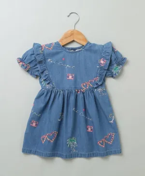 Sweetlime By AS Short Sleeves Denim Dress with Palm Tree and  Neon Heart Embroidery