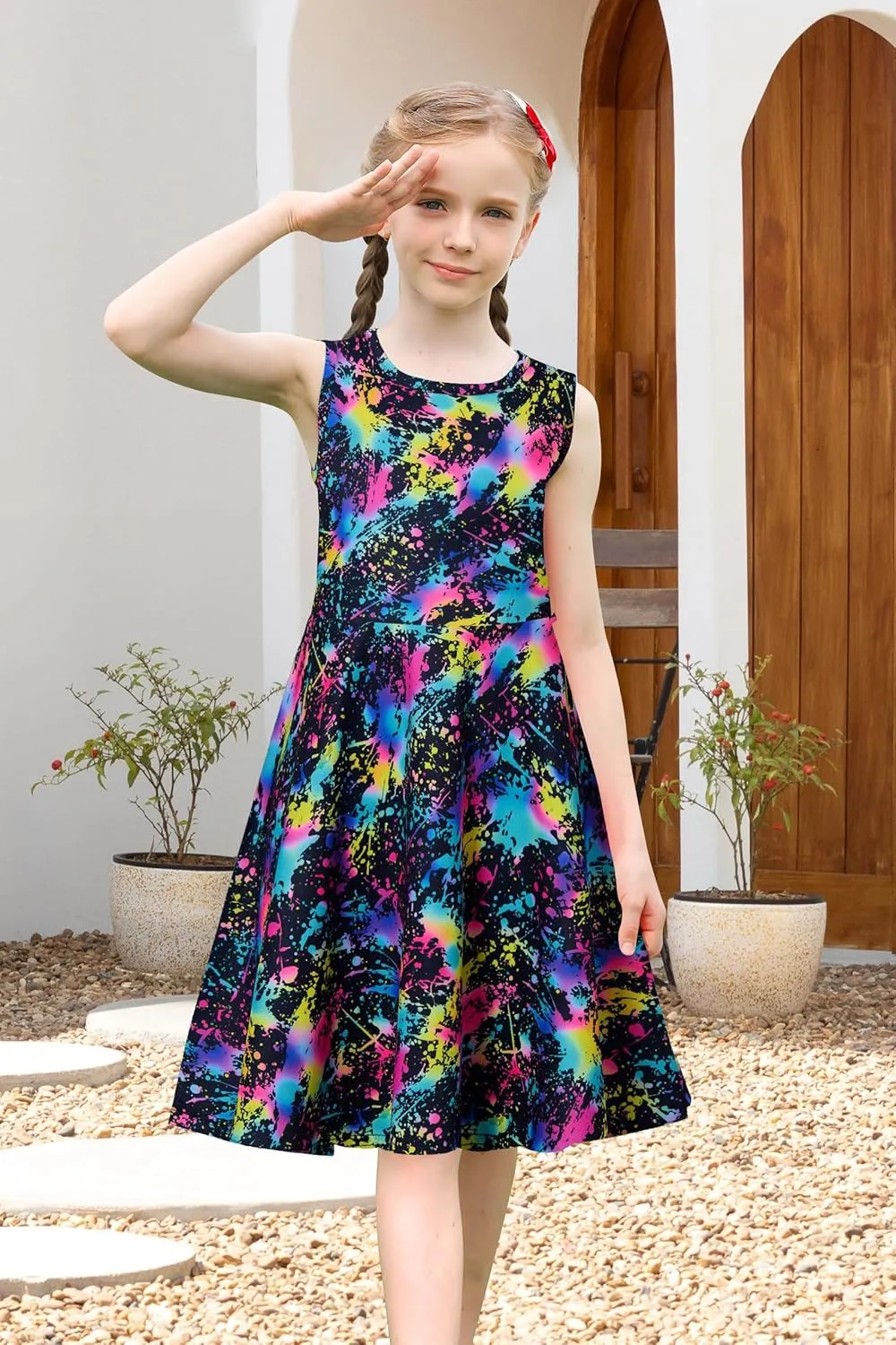 uideazone Girls Sleeveless Dress Round Neck Floral Printed Sundress for Casual Home Party Beach 4-12 Years