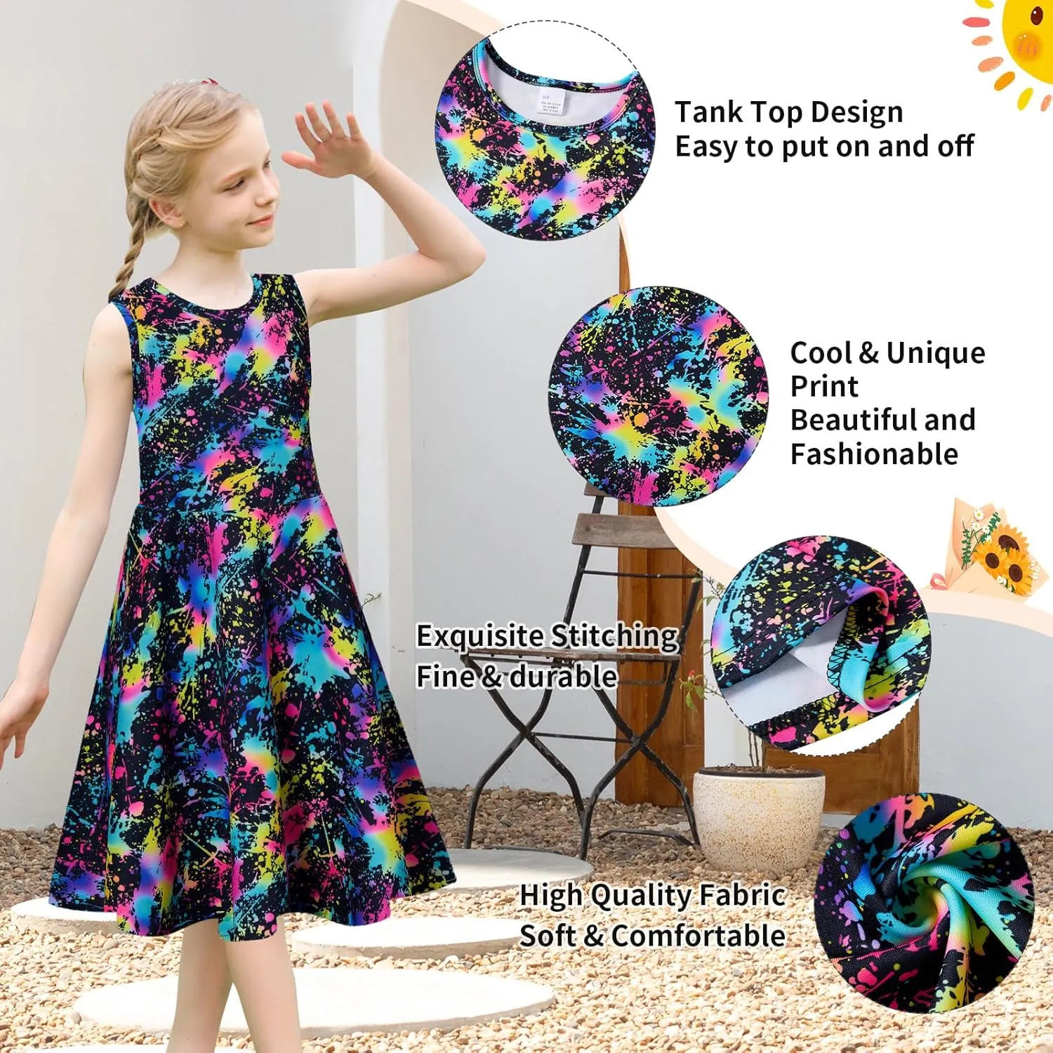 uideazone Girls Sleeveless Dress Round Neck Floral Printed Sundress for Casual Home Party Beach 4-12 Years