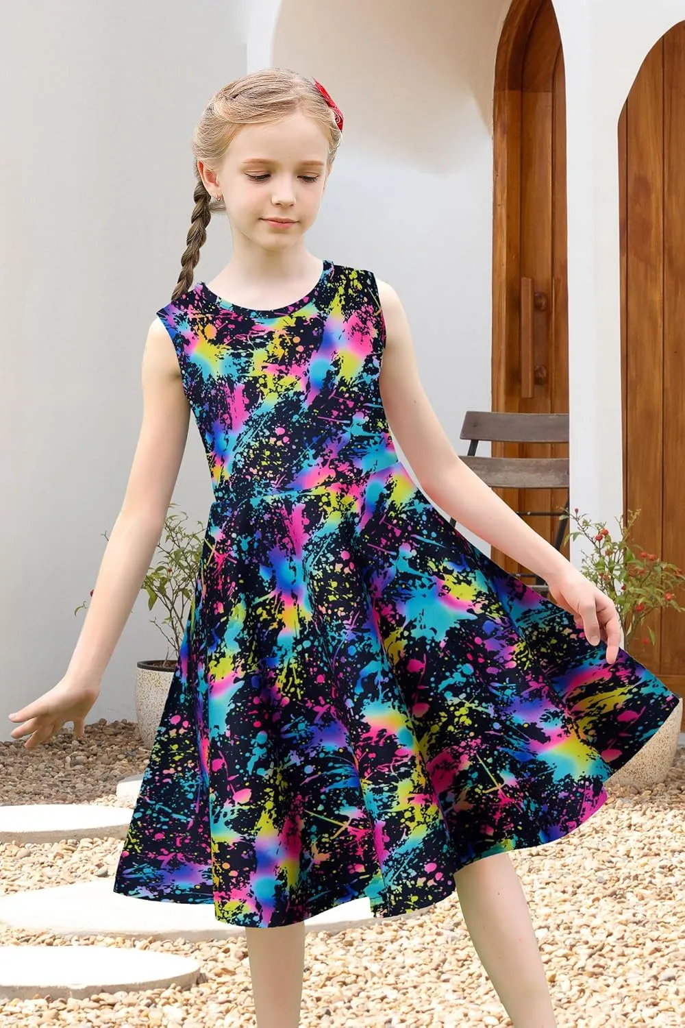 uideazone Girls Sleeveless Dress Round Neck Floral Printed Sundress for Casual Home Party Beach 4-12 Years