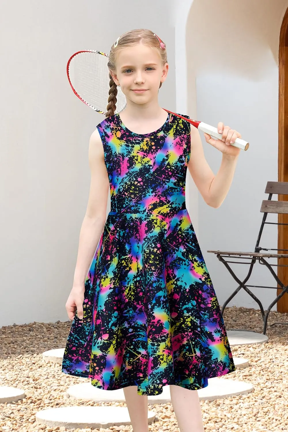uideazone Girls Sleeveless Dress Round Neck Floral Printed Sundress for Casual Home Party Beach 4-12 Years