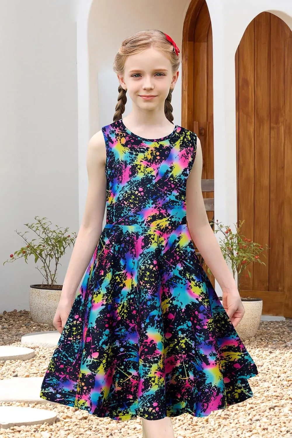 uideazone Girls Sleeveless Dress Round Neck Floral Printed Sundress for Casual Home Party Beach 4-12 Years