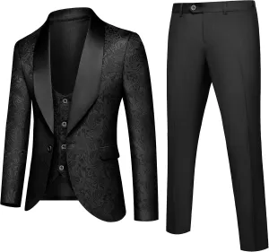UNINUKOO Mens Floral Suits 3 Piece Tuxedo Suit Slim Fit Jacquard Tux Suit Set Shawl Lapel for Wedding Prom Suit