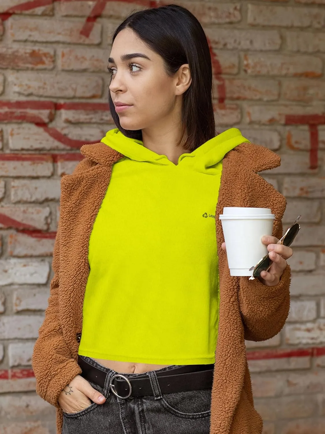 URBAN BUCK Neon Crop Top Hoodie For Women - Lightweight Long Sleeve Cropped Pullover Sweatshirt For Workout & Running