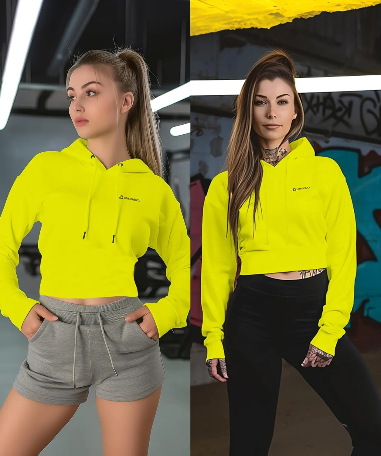 URBAN BUCK Neon Crop Top Hoodie For Women - Lightweight Long Sleeve Cropped Pullover Sweatshirt For Workout & Running