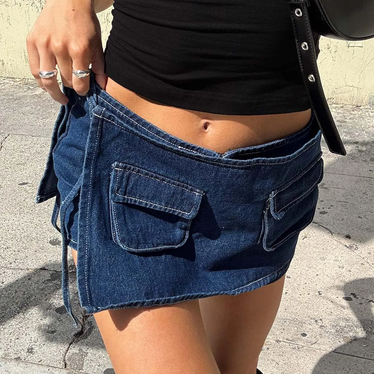 Women Jean Skorts Sexy Low Rise Denim Mini Skirt Cargo Skirt with Pockets