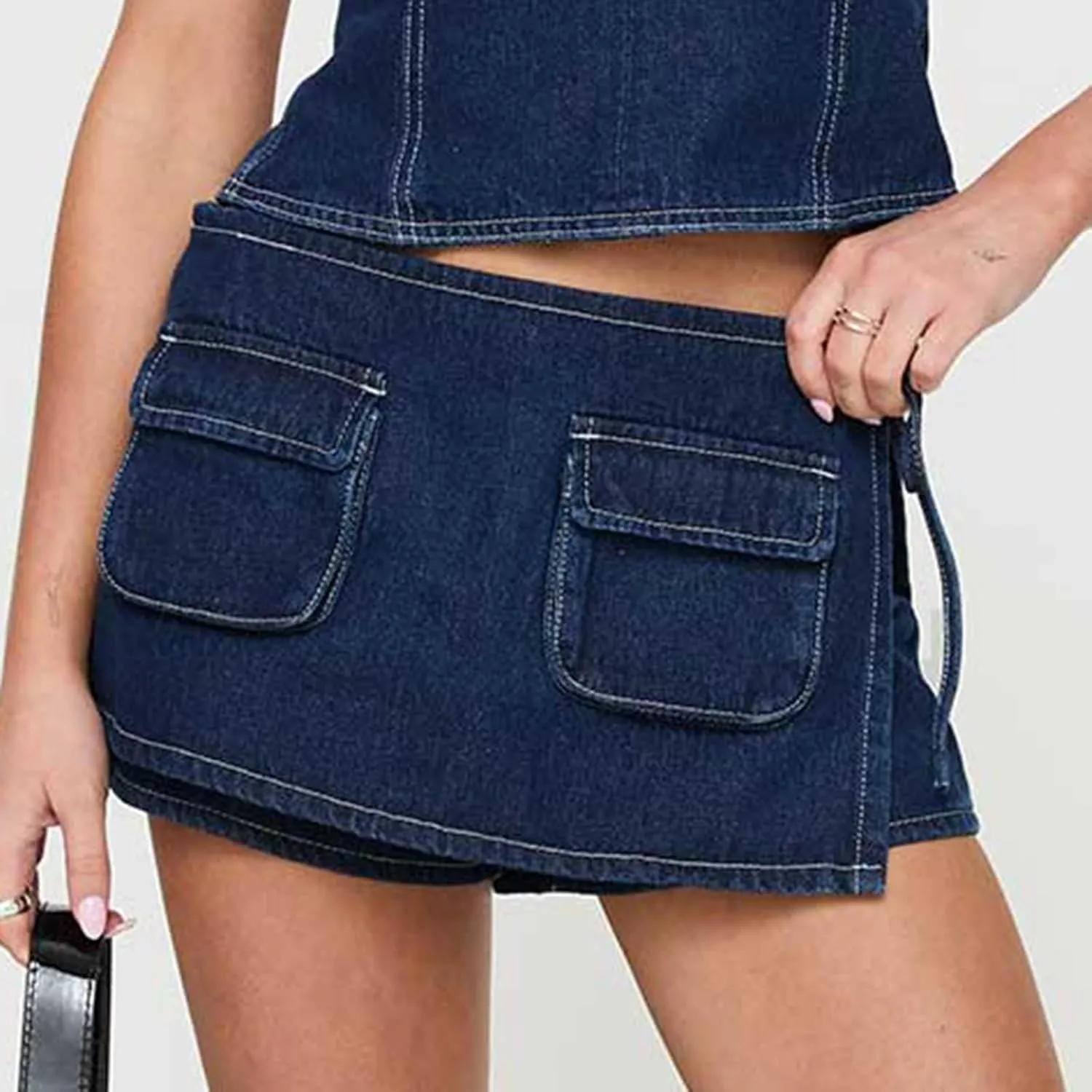 Women Jean Skorts Sexy Low Rise Denim Mini Skirt Cargo Skirt with Pockets