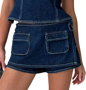 Women Jean Skorts Sexy Low Rise Denim Mini Skirt Cargo Skirt with Pockets