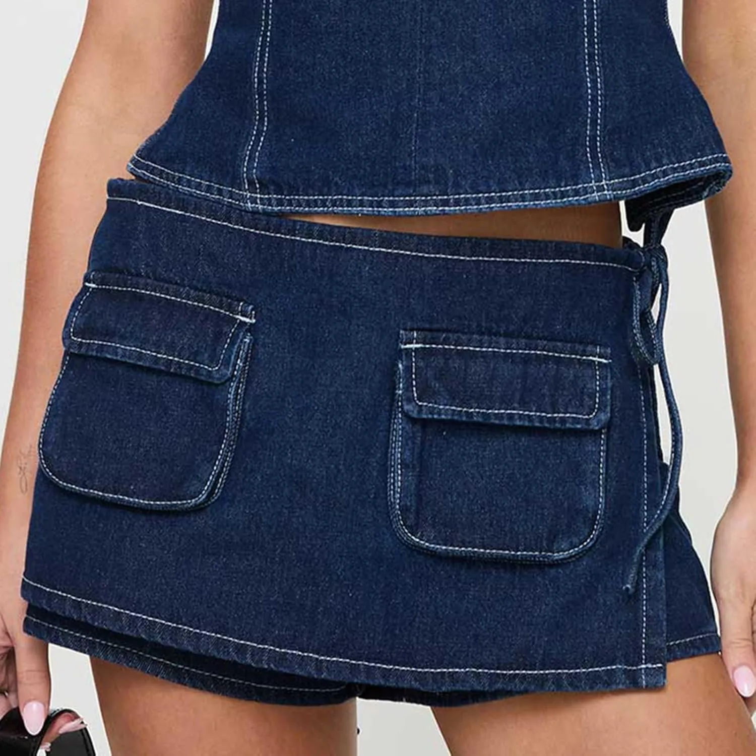 Women Jean Skorts Sexy Low Rise Denim Mini Skirt Cargo Skirt with Pockets