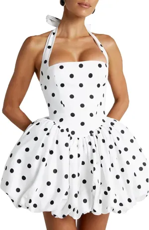 Women Sleeveless Halter Dress Casual Tie up Backless Corset Bubble Beach Party Dress