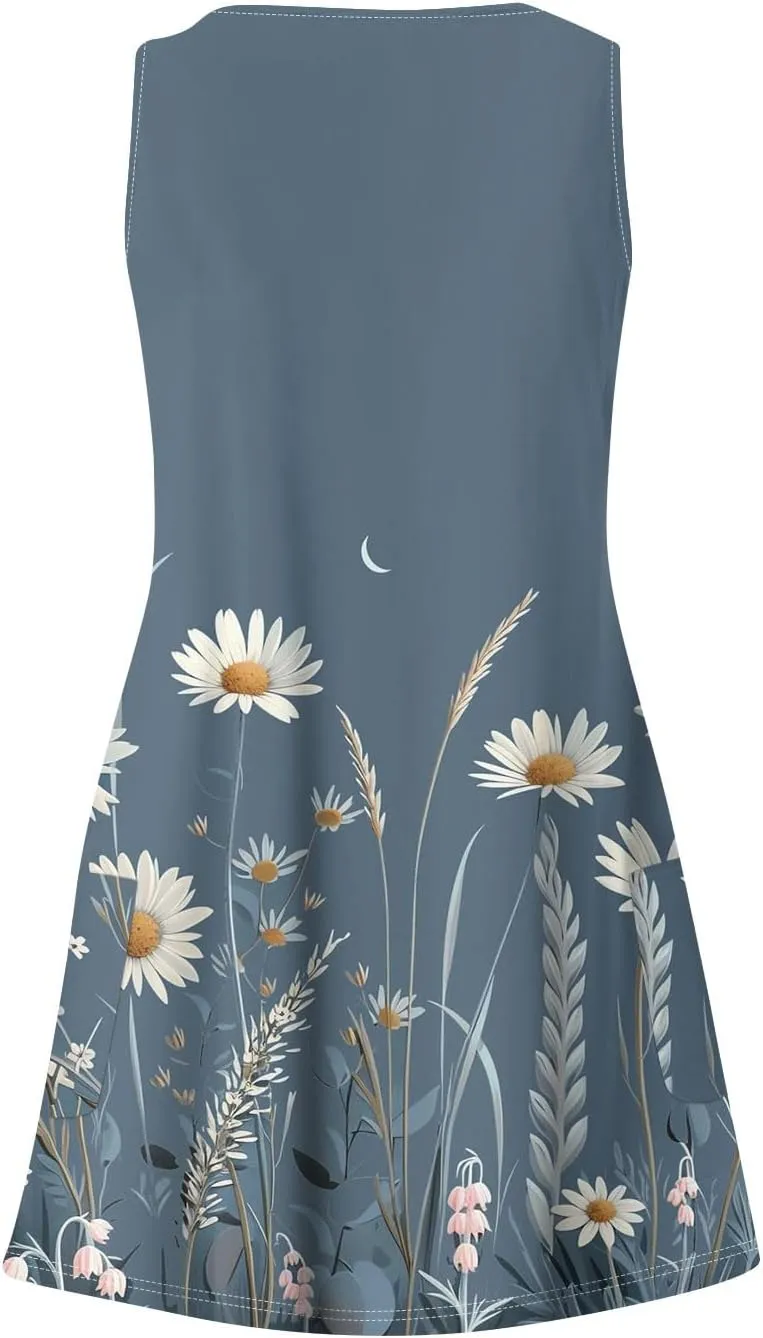Women Summer Dresses Casual 2025 Sundress V Neck Sleeveless Dress with Pocket Beach Printed Swimsuit Coverup