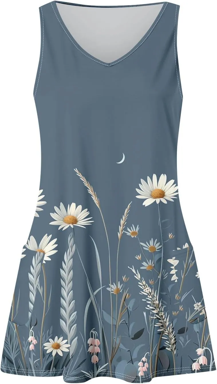 Women Summer Dresses Casual 2025 Sundress V Neck Sleeveless Dress with Pocket Beach Printed Swimsuit Coverup