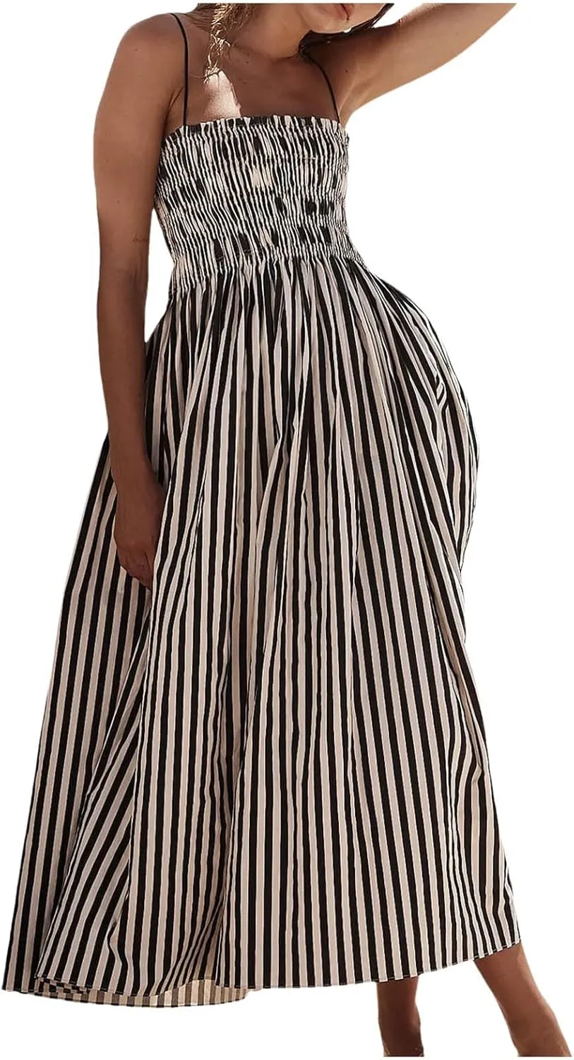 Women Summer Striped Maxi Dresses Spaghetti Strap Cutout Ruffle Long Dress Flowy Swing Beach Vocation Sundress